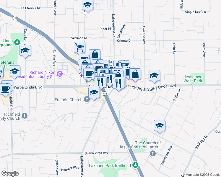 map of restaurants, bars, coffee shops, grocery stores, and more near 4416 Lakeview Avenue in Yorba Linda