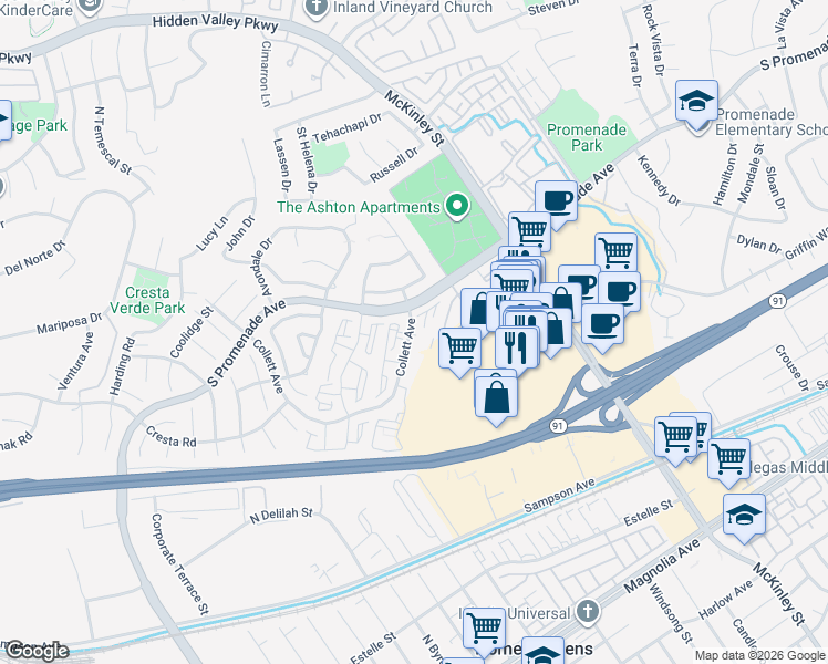 map of restaurants, bars, coffee shops, grocery stores, and more near 2085 Highpointe Drive in Corona