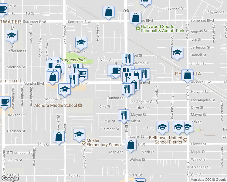 map of restaurants, bars, coffee shops, grocery stores, and more near 8810 Burton Street in Bellflower