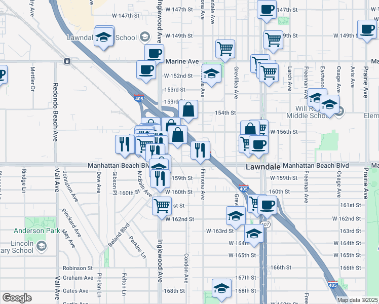 map of restaurants, bars, coffee shops, grocery stores, and more near 15724 Condon Avenue in Lawndale