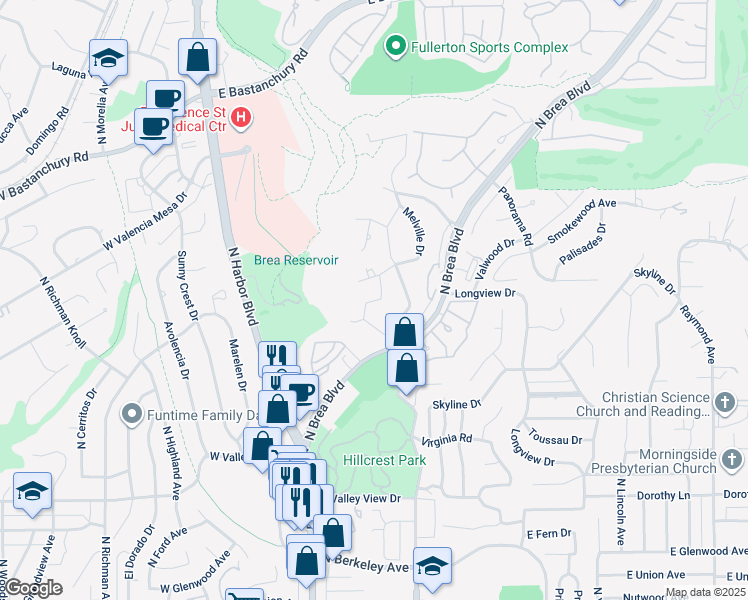 map of restaurants, bars, coffee shops, grocery stores, and more near Elsa Drive in Fullerton