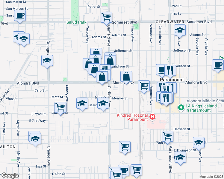 map of restaurants, bars, coffee shops, grocery stores, and more near Unnamed Road in Paramount