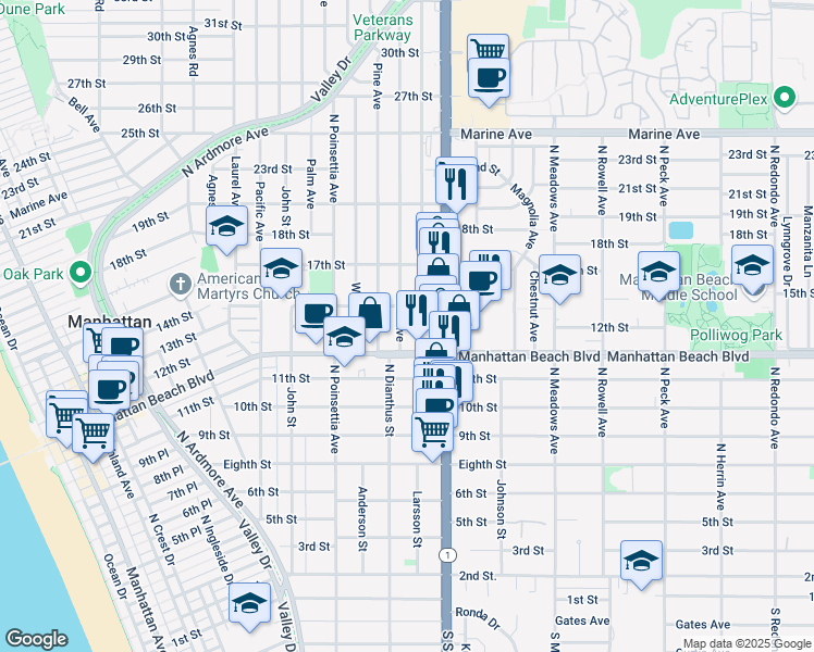 map of restaurants, bars, coffee shops, grocery stores, and more near 1201 Elm Avenue in Manhattan Beach