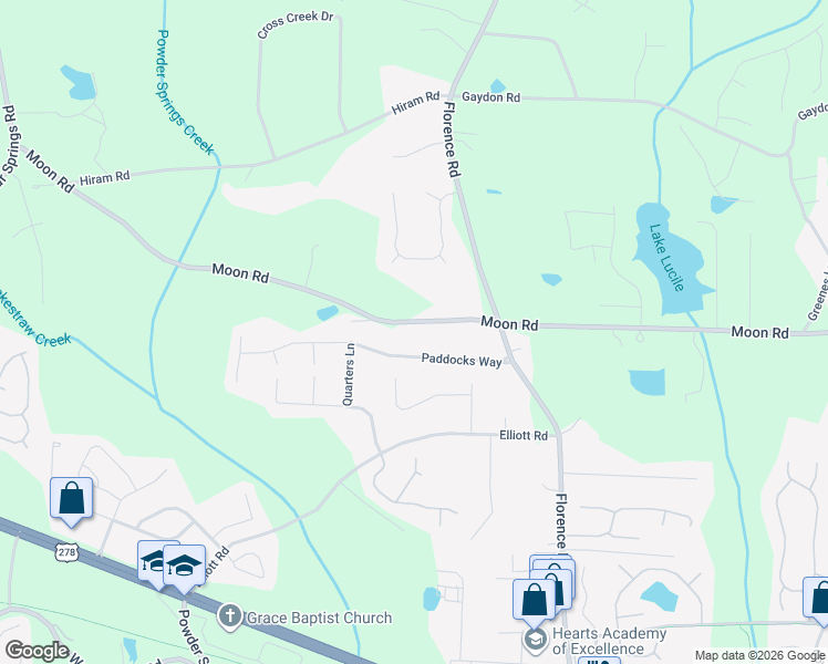 map of restaurants, bars, coffee shops, grocery stores, and more near 1220 Paddocks Way in Powder Springs
