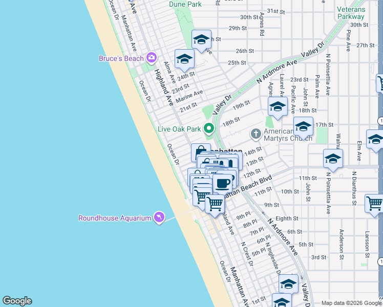 map of restaurants, bars, coffee shops, grocery stores, and more near 232 16th Street in Manhattan Beach