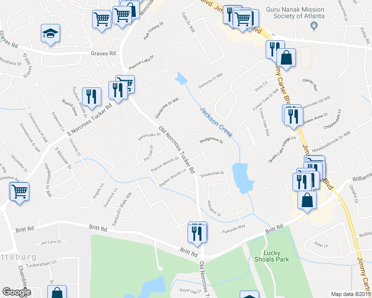 map of restaurants, bars, coffee shops, grocery stores, and more near 1056 Wedgewood Lane in Tucker