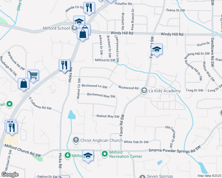 map of restaurants, bars, coffee shops, grocery stores, and more near 651 Birchwood Lane Southwest in Marietta