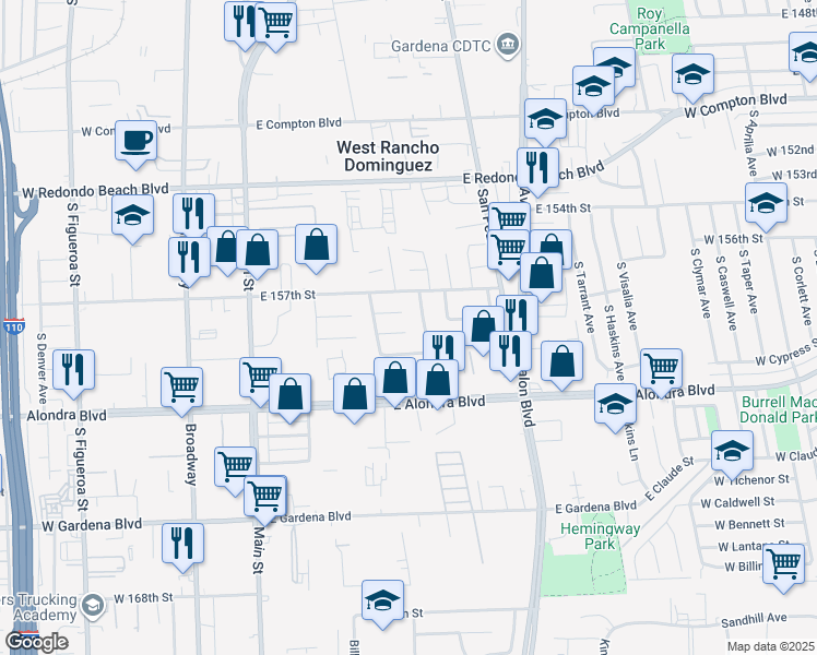 map of restaurants, bars, coffee shops, grocery stores, and more near 333 East 158th Street in Gardena