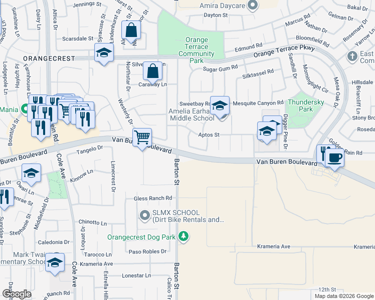 map of restaurants, bars, coffee shops, grocery stores, and more near Van Buren Boulevard in Riverside