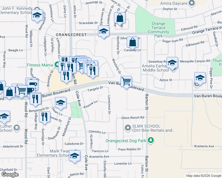 map of restaurants, bars, coffee shops, grocery stores, and more near 9047 Limecrest Drive in Riverside
