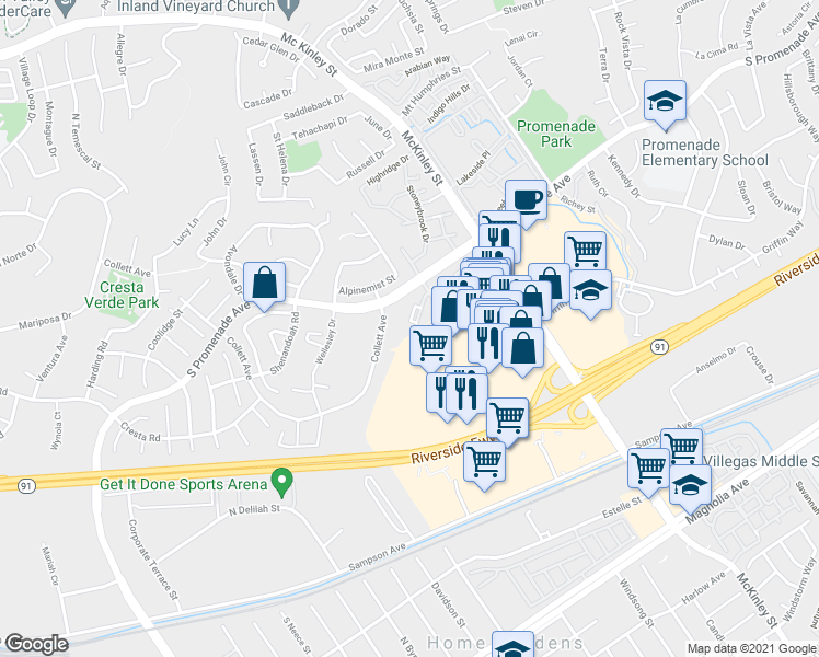 map of restaurants, bars, coffee shops, grocery stores, and more near 2085 Highpointe Drive in Corona