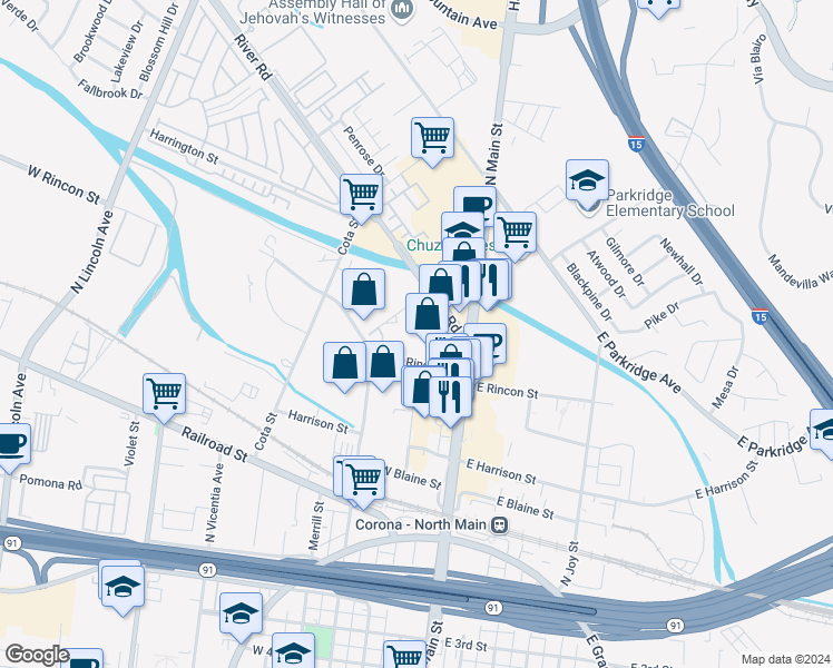 map of restaurants, bars, coffee shops, grocery stores, and more near 321 West Rincon Street in Corona