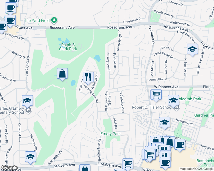 map of restaurants, bars, coffee shops, grocery stores, and more near 1501 North Fairgreen Drive in Fullerton