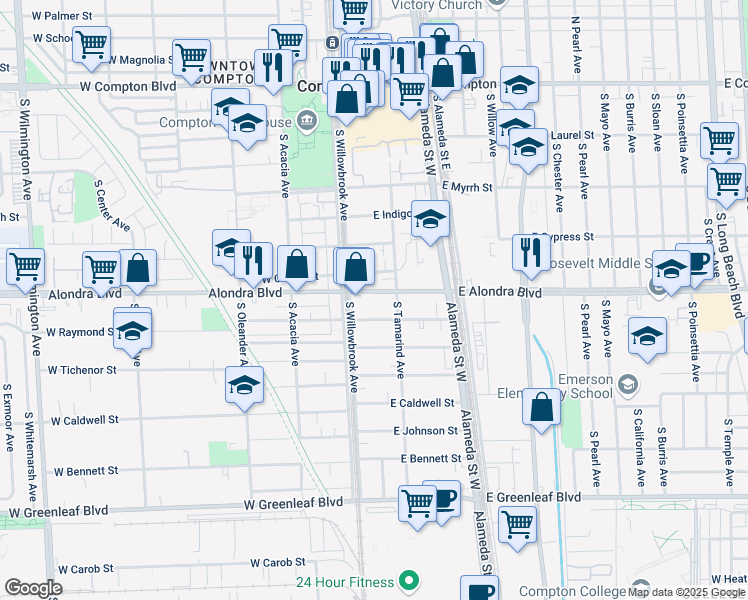 map of restaurants, bars, coffee shops, grocery stores, and more near 121 East Raymond Street in Compton