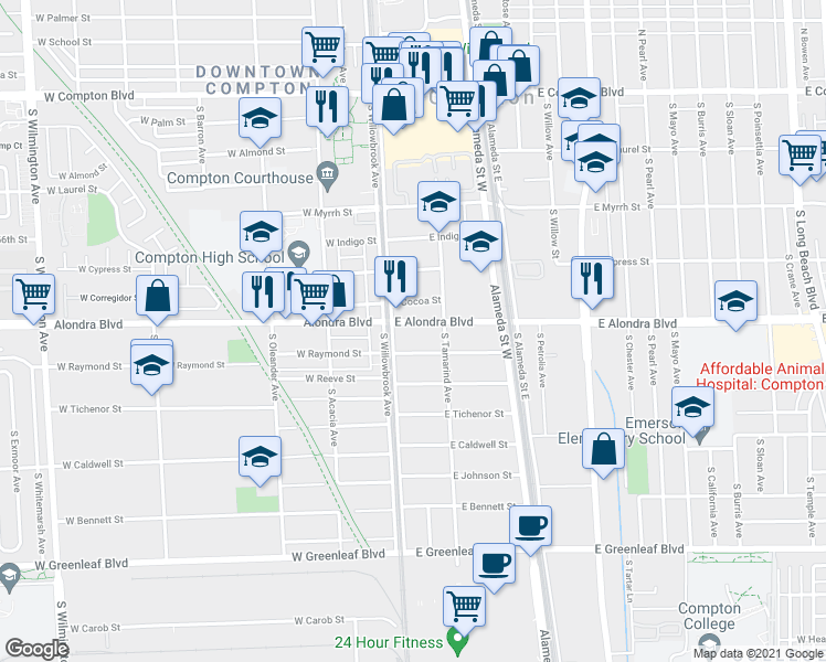 map of restaurants, bars, coffee shops, grocery stores, and more near 121 East Raymond Street in Compton