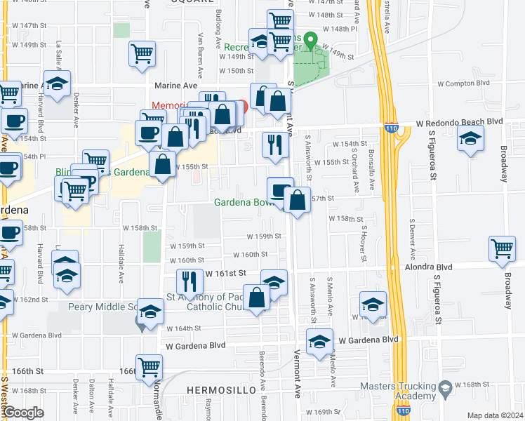 map of restaurants, bars, coffee shops, grocery stores, and more near 15804 Berendo Avenue in Gardena