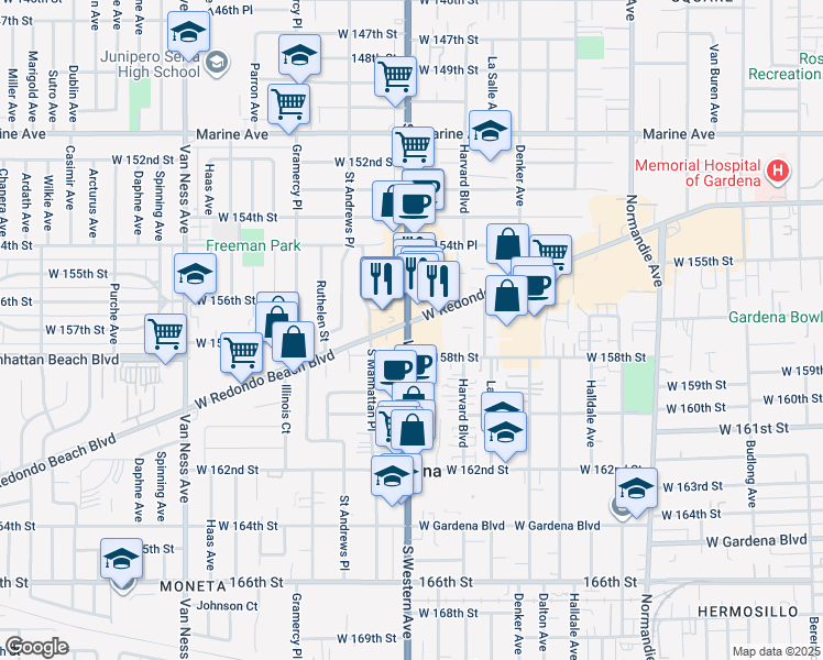 map of restaurants, bars, coffee shops, grocery stores, and more near Dublin Avenue in Gardena