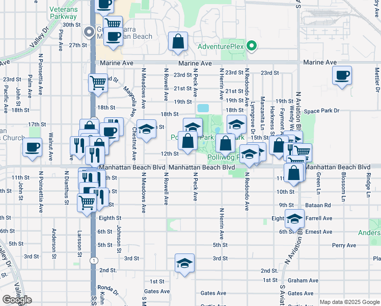 map of restaurants, bars, coffee shops, grocery stores, and more near 1151 North Peck Avenue in Manhattan Beach