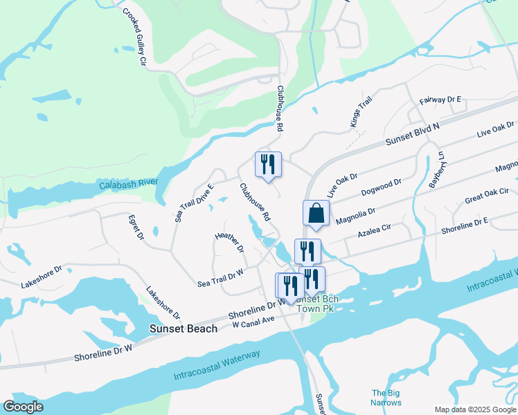 map of restaurants, bars, coffee shops, grocery stores, and more near 235 Clubhouse Road in Sunset Beach