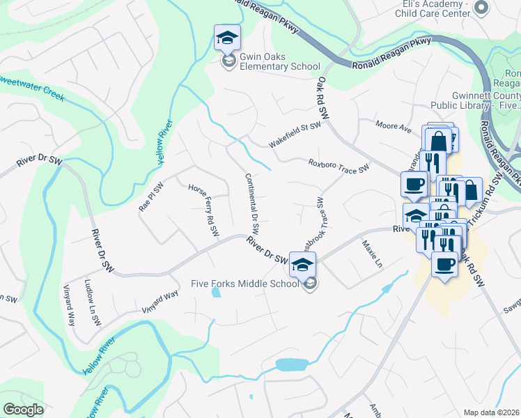 map of restaurants, bars, coffee shops, grocery stores, and more near 3239 Continental Court in Lawrenceville