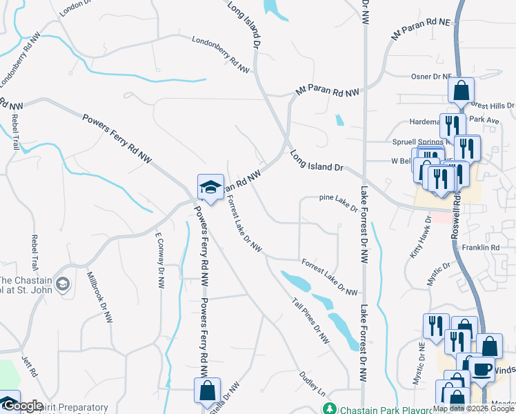 map of restaurants, bars, coffee shops, grocery stores, and more near 4880 Merlendale Drive Northwest in Atlanta