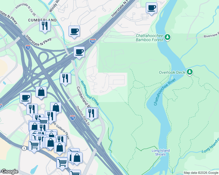 map of restaurants, bars, coffee shops, grocery stores, and more near 3645 Chattahoochee Summit Drive Southeast in Atlanta