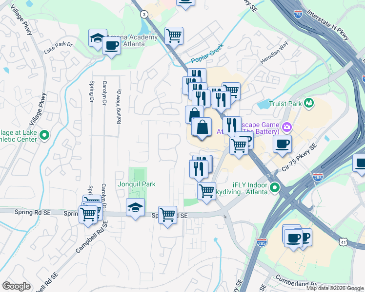 map of restaurants, bars, coffee shops, grocery stores, and more near 5048 Afton Way in Smyrna