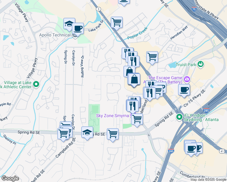 map of restaurants, bars, coffee shops, grocery stores, and more near 5034 Bell Drive Southeast in Smyrna