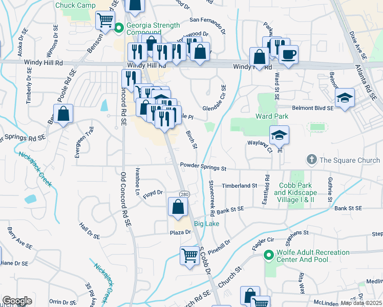 map of restaurants, bars, coffee shops, grocery stores, and more near 2660 Birch Street in Smyrna