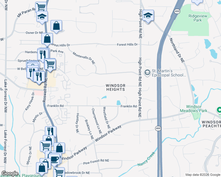 map of restaurants, bars, coffee shops, grocery stores, and more near 465 Highbrook Drive Northeast in Atlanta
