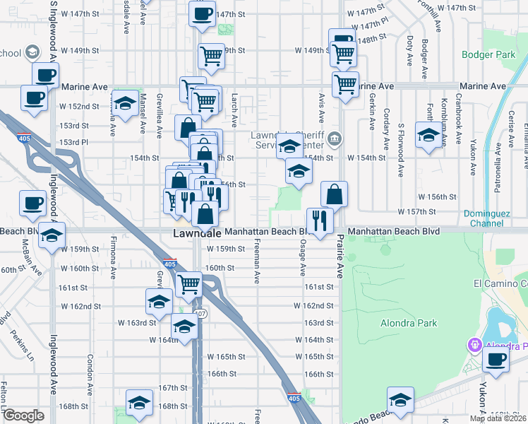 map of restaurants, bars, coffee shops, grocery stores, and more near 15712 1/2 Freeman Avenue in Lawndale