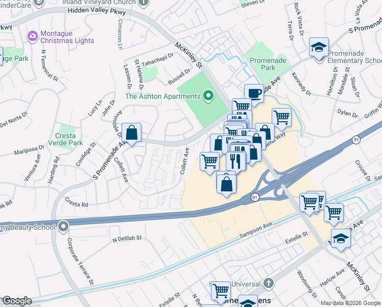 map of restaurants, bars, coffee shops, grocery stores, and more near 2225 Collett Avenue in Corona