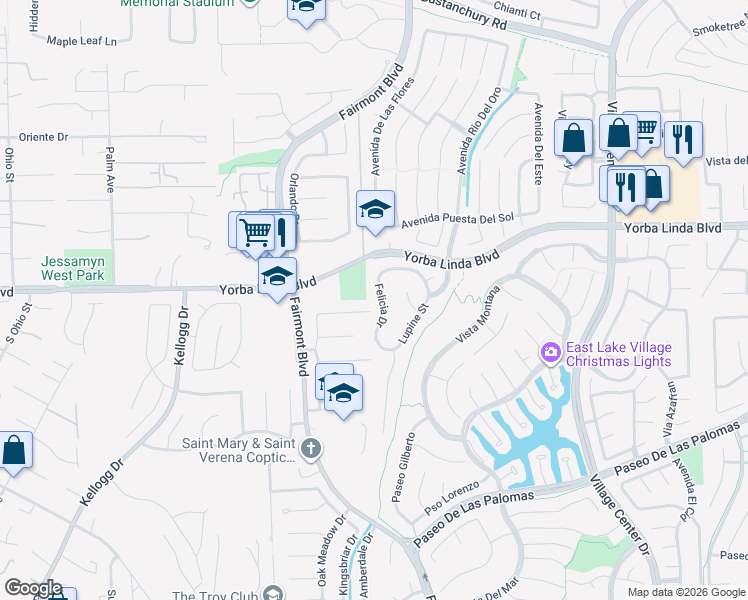 map of restaurants, bars, coffee shops, grocery stores, and more near 19865 Caprice Drive in Yorba Linda
