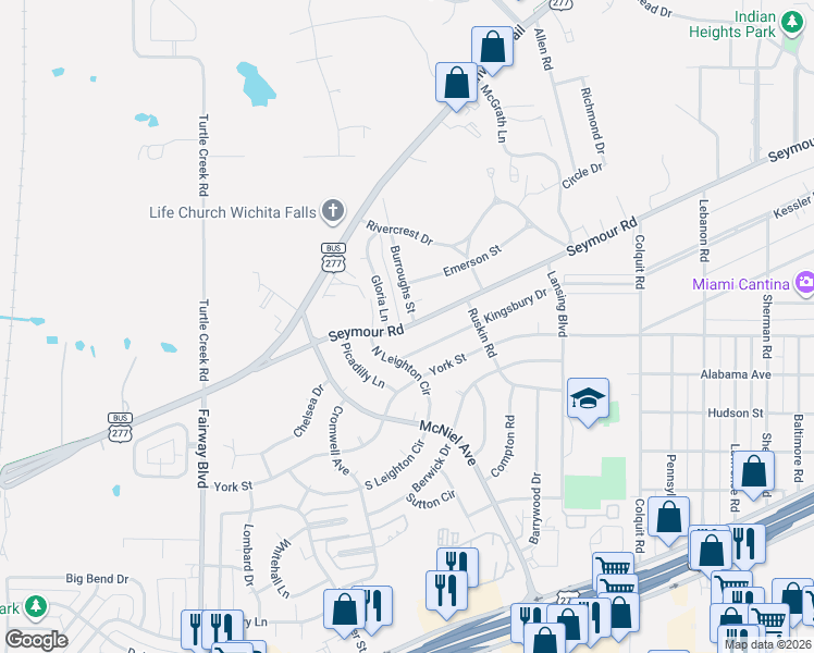 map of restaurants, bars, coffee shops, grocery stores, and more near 4221 Seymour Rd in Wichita Falls