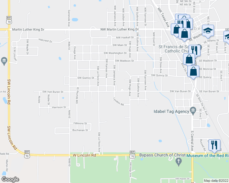 map of restaurants, bars, coffee shops, grocery stores, and more near 999 Lyndon Road in Idabel