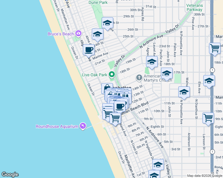 map of restaurants, bars, coffee shops, grocery stores, and more near in Manhattan Beach