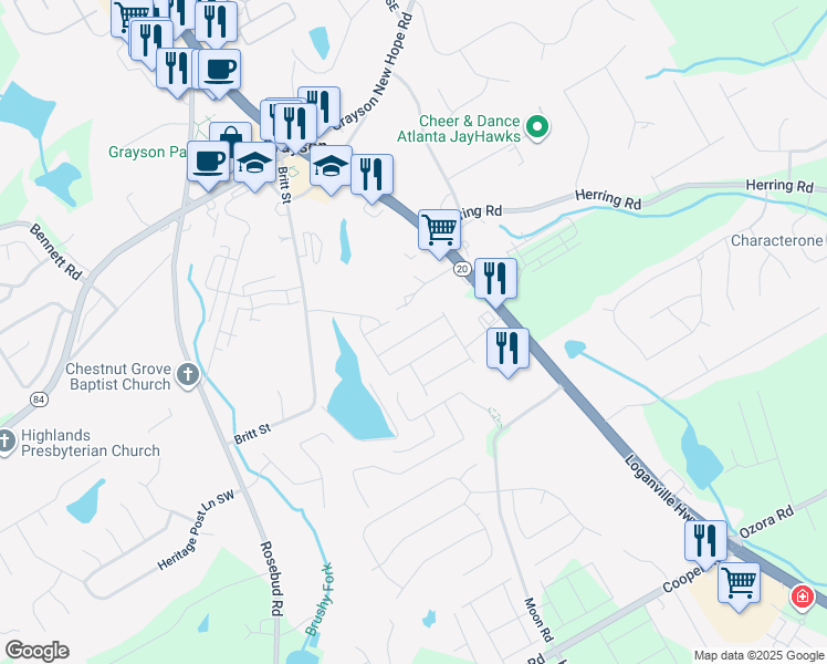 map of restaurants, bars, coffee shops, grocery stores, and more near 2341 Loganville Highway in Grayson