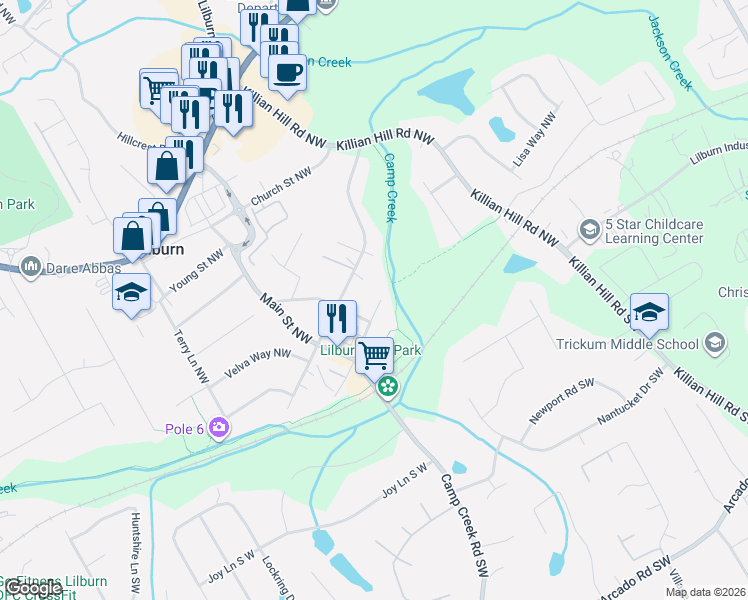 map of restaurants, bars, coffee shops, grocery stores, and more near 147 Railroad Avenue Northwest in Lilburn