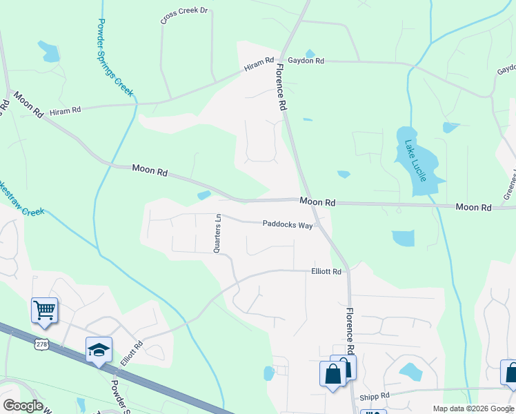 map of restaurants, bars, coffee shops, grocery stores, and more near 1220 Paddocks Way in Powder Springs