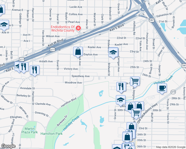 map of restaurants, bars, coffee shops, grocery stores, and more near 1659 Speedway Avenue in Wichita Falls