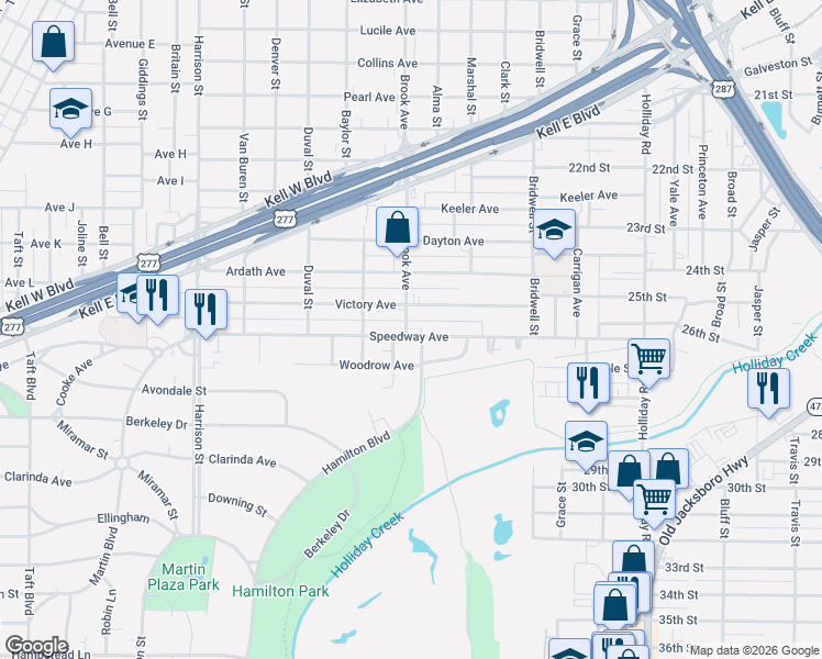 map of restaurants, bars, coffee shops, grocery stores, and more near 1679 Speedway Avenue in Wichita Falls