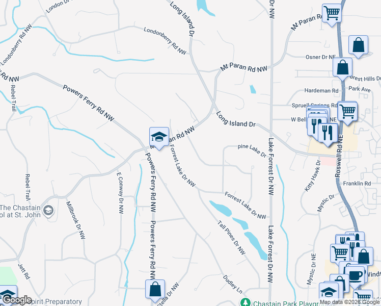 map of restaurants, bars, coffee shops, grocery stores, and more near 4880 Merlendale Drive Northwest in Atlanta