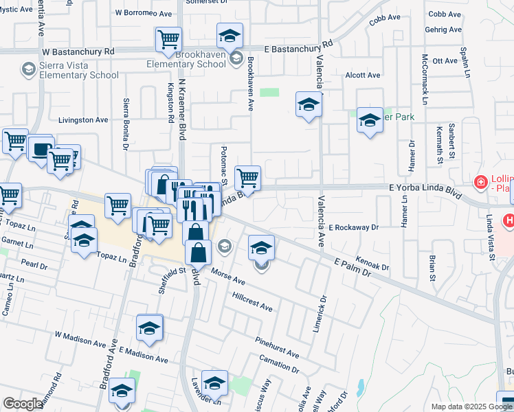 map of restaurants, bars, coffee shops, grocery stores, and more near 351 East Palm Drive in Placentia