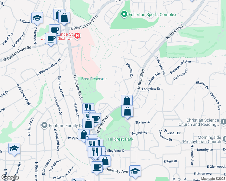 map of restaurants, bars, coffee shops, grocery stores, and more near Elsa Drive in Fullerton