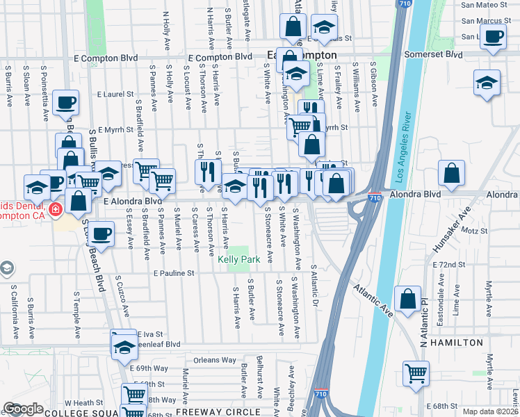 map of restaurants, bars, coffee shops, grocery stores, and more near 2500 East Alondra Boulevard in Compton