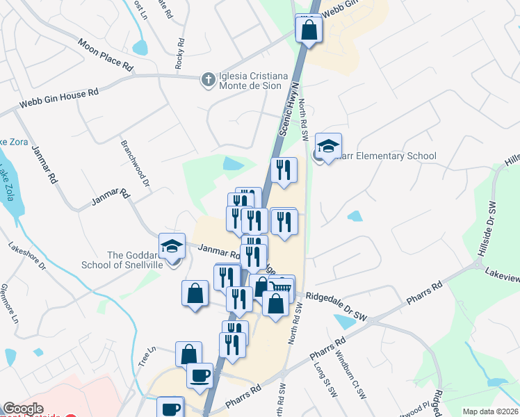 map of restaurants, bars, coffee shops, grocery stores, and more near Mount Zion Road in Snellville