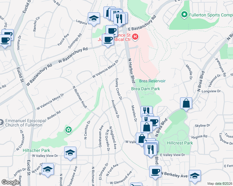 map of restaurants, bars, coffee shops, grocery stores, and more near 1521 Sunny Crest Drive in Fullerton
