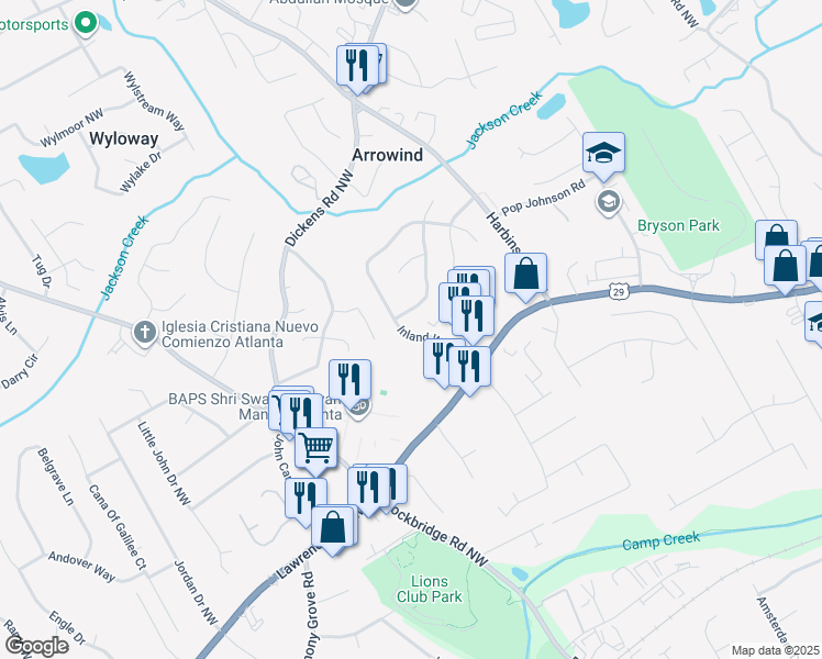 map of restaurants, bars, coffee shops, grocery stores, and more near 494 Inland Way NW in Lilburn