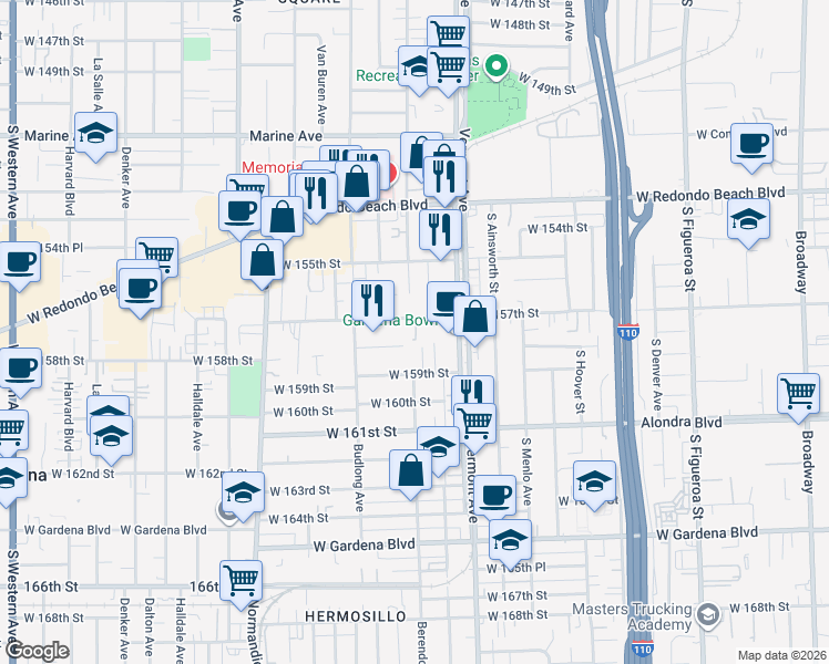 map of restaurants, bars, coffee shops, grocery stores, and more near in Gardena