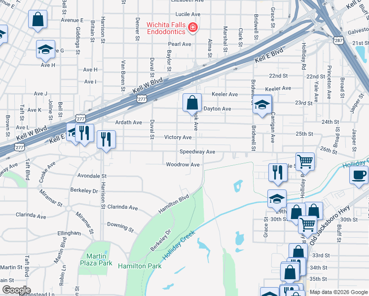 map of restaurants, bars, coffee shops, grocery stores, and more near 1707 Speedway Avenue in Wichita Falls